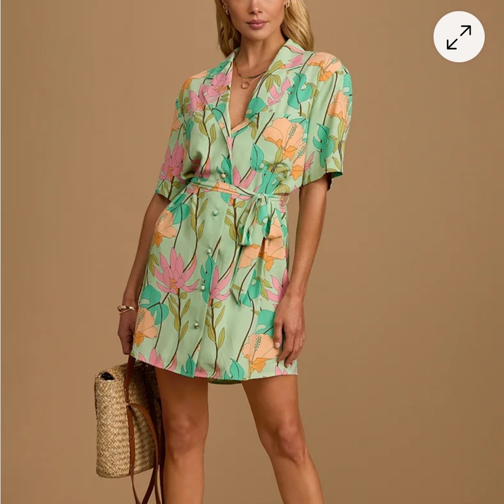 Lulus Totally Tropical light green floral print button up shirt dress.